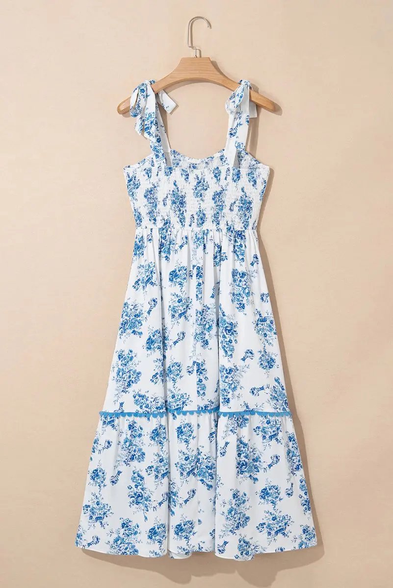 Sky Blue Floral Print Shirred Knot Shoulder Dress - Love Salve